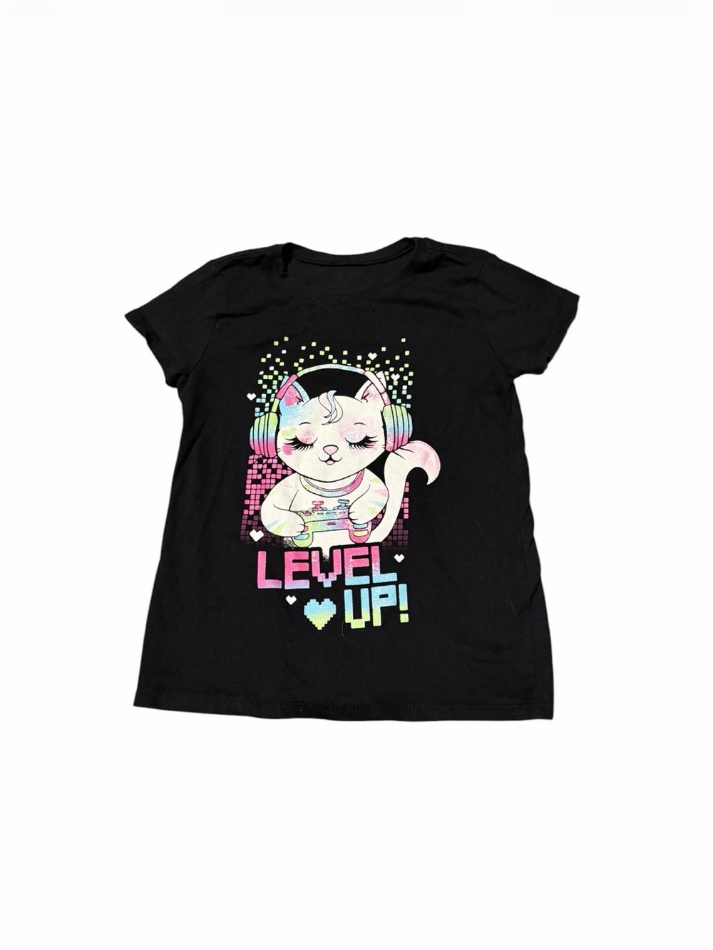 Kids 'Level Up' Black Graphic Tee with Pastel Cat